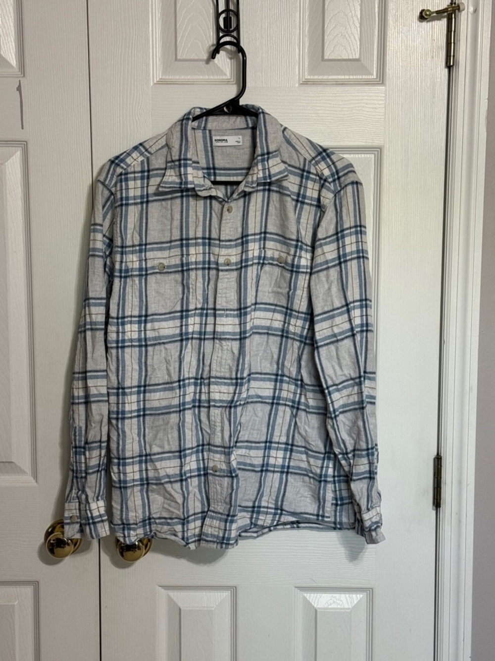 Sonoma Light Gray & Blue Plaid Shirt - Casual Button-Up